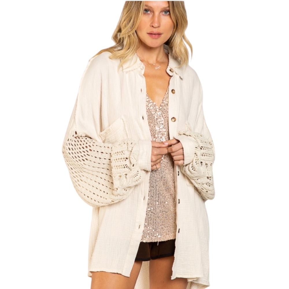 Women’s Natural Gauze Crochet Sleeve Oversized Shacket NWT